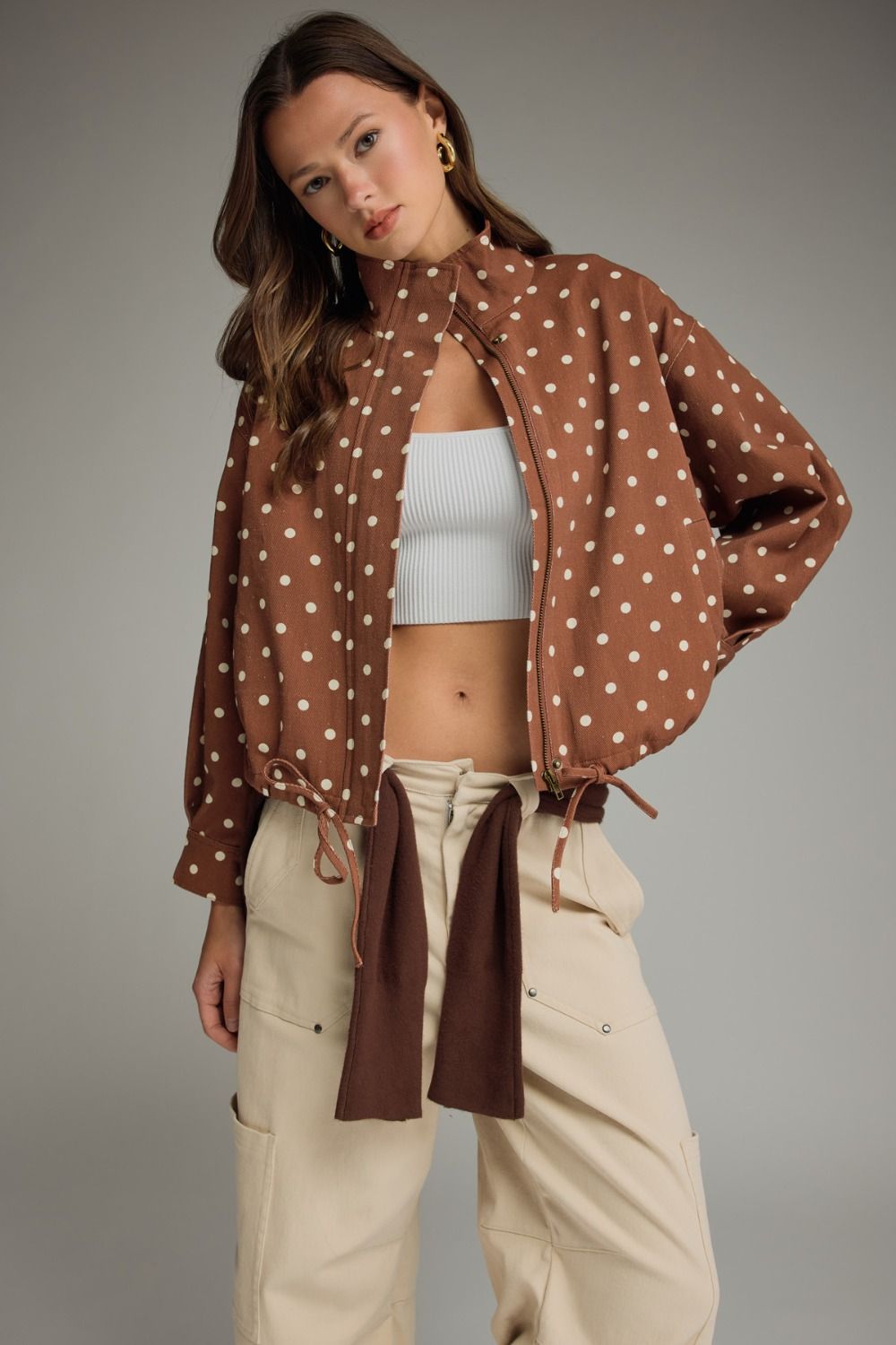 ENTRO Polka Dot Collared Jacket In Brown