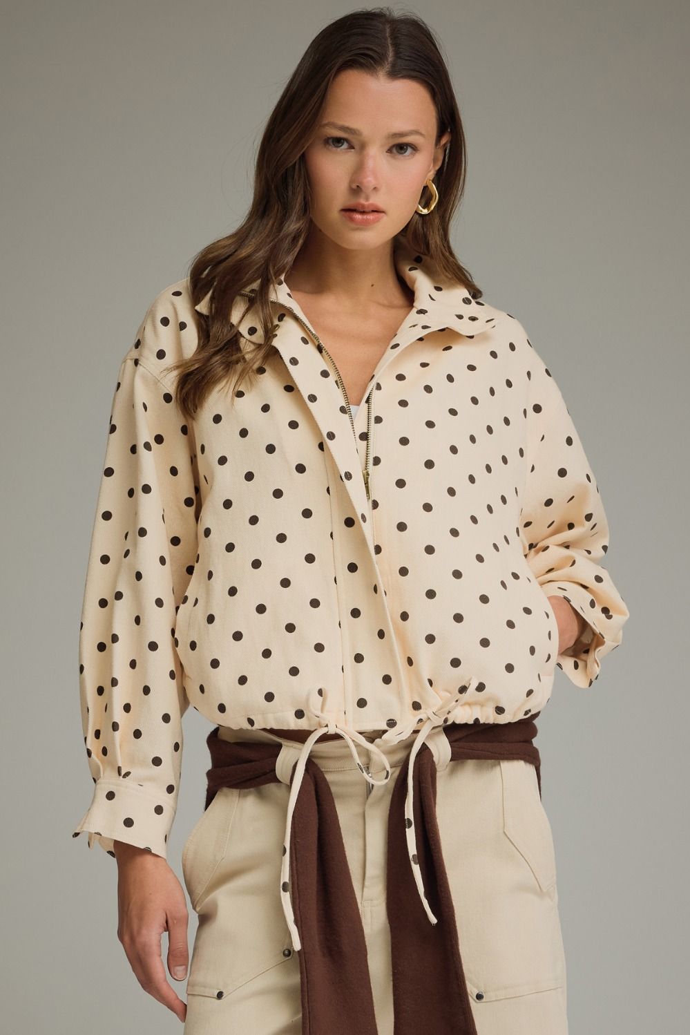 ENTRO Polka Dot Collared Jacket In Ecru