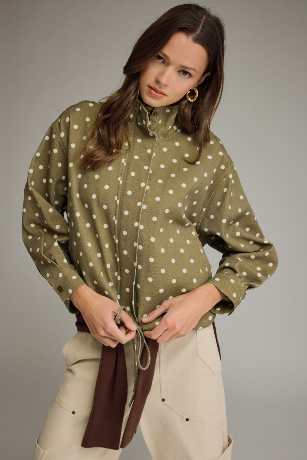 ENTRO Polka Dot Collared Jacket In Olive