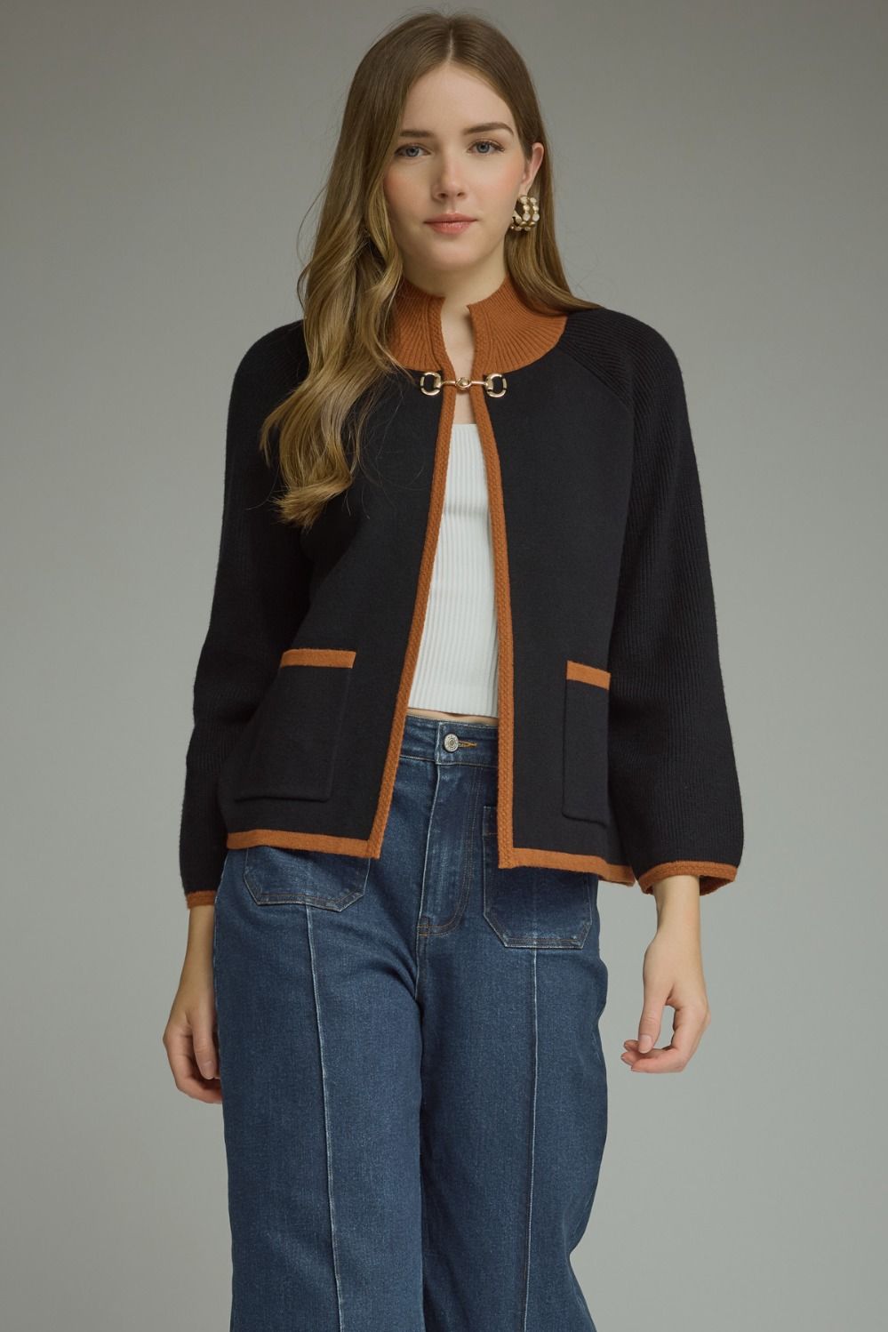 ENTRO Long Sleeve Knit Jacket With Horse Bit Detail In Black