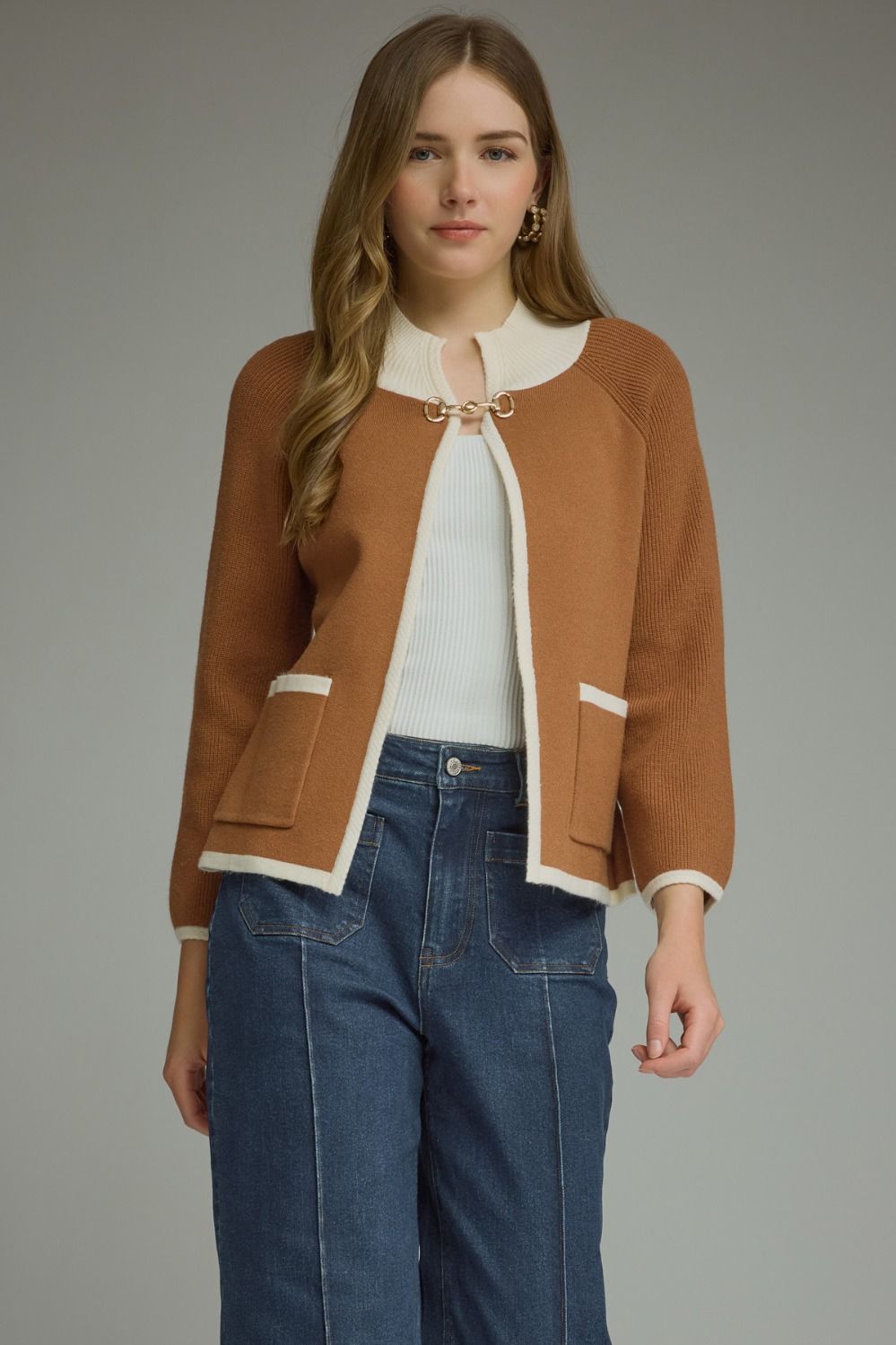 ENTRO Long Sleeve Knit Jacket With Horse Bit Detail In Brown