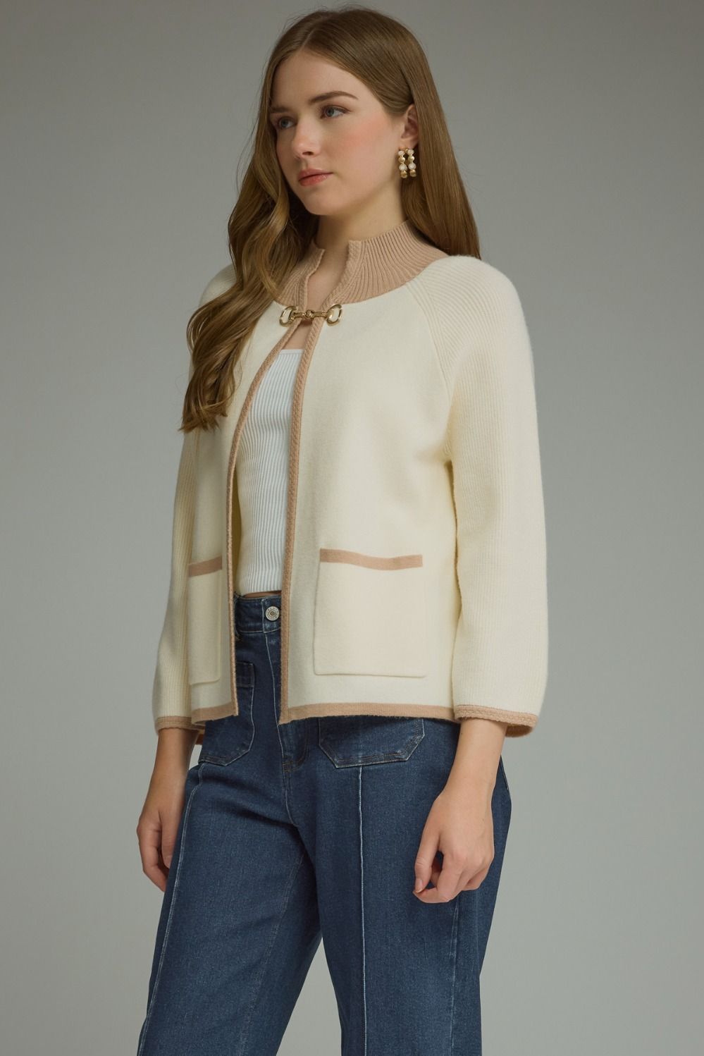 ENTRO Long Sleeve Knit Jacket With Horse Bit Detail In Cream *COMING SOON*