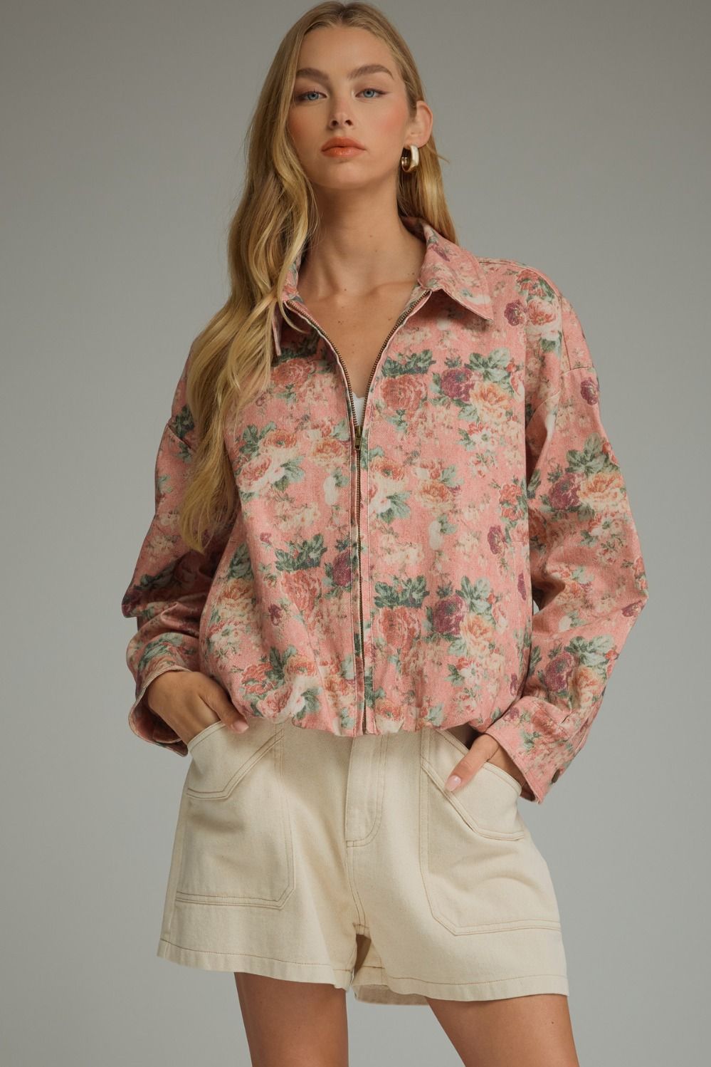 ENTRO Floral Long Sleeve Jacket in Blush