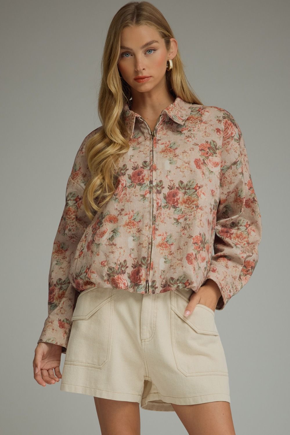 ENTRO Floral Long Sleeve Jacket in Ecru