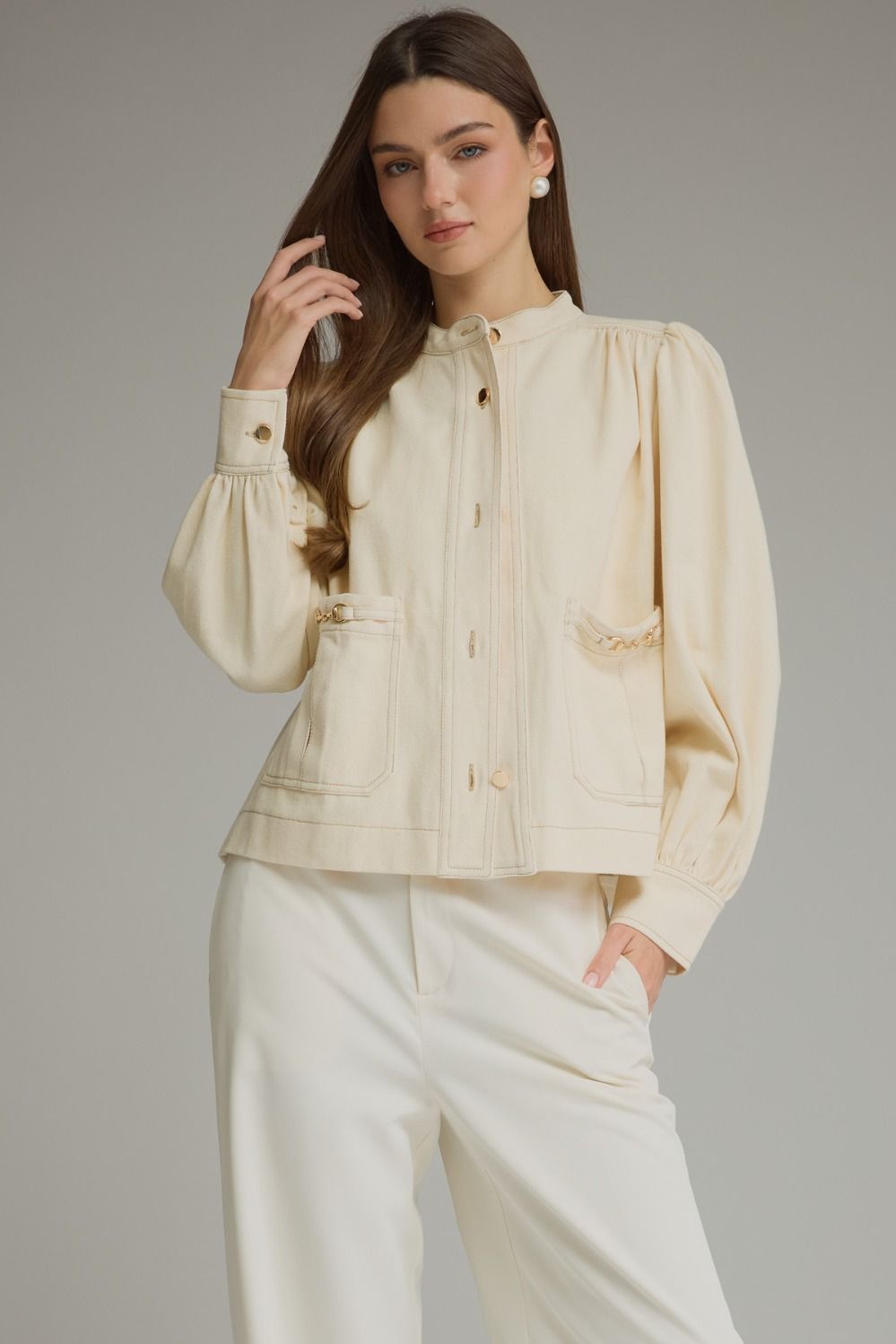 ENTRO Solid Puff Sleeve Horsebit Jacket In Ecru