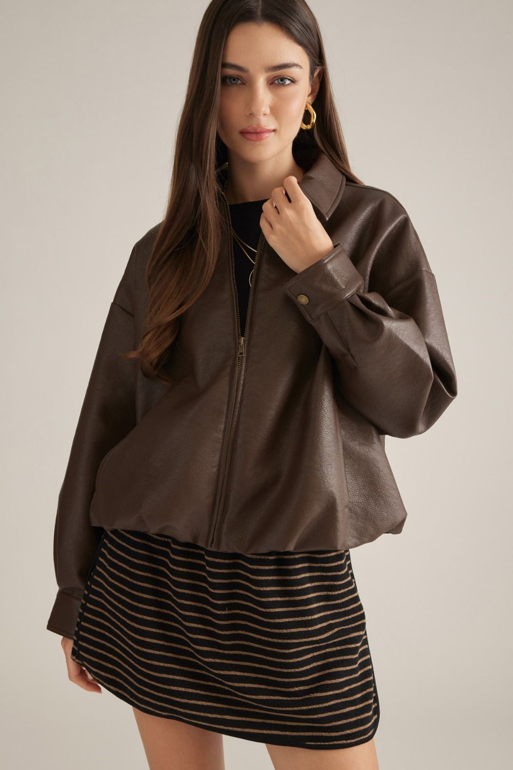 ENTRO Faux Leather Jacket In Brown