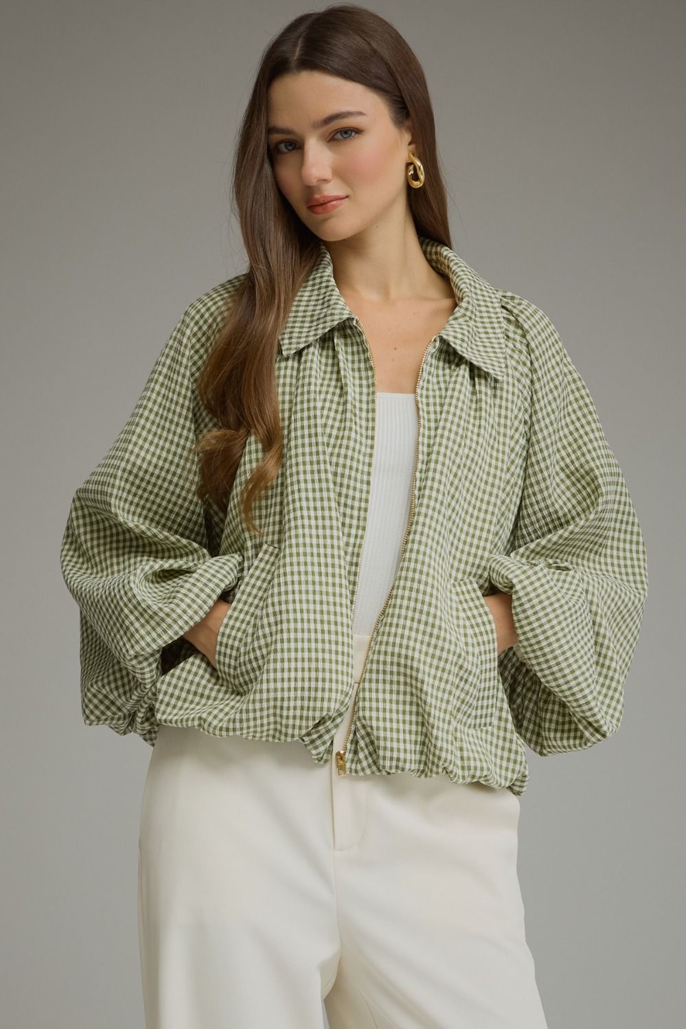 ENTRO Gingham Balloon Sleeve Jacket In Olive