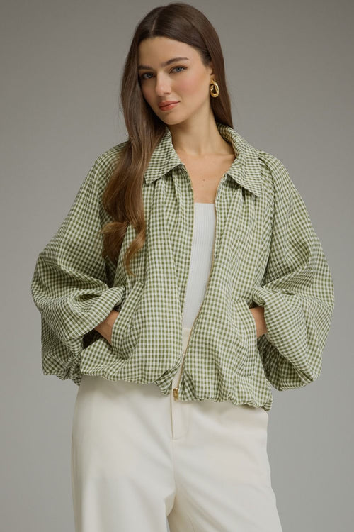 ENTRO Gingham Balloon Sleeve Jacket In Olive