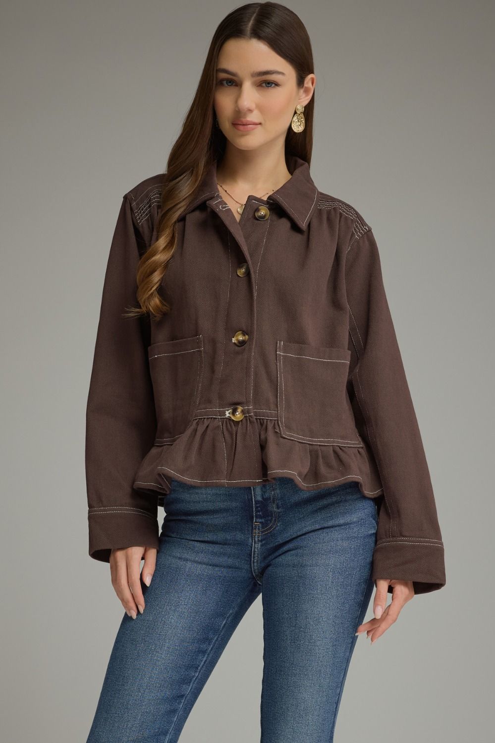 ENTRO Ruffle Hem Jacket In Brown