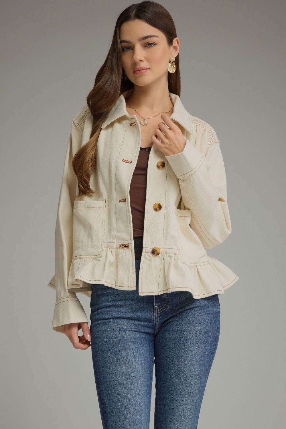 ENTRO Ruffle Hem Jacket In Ecru