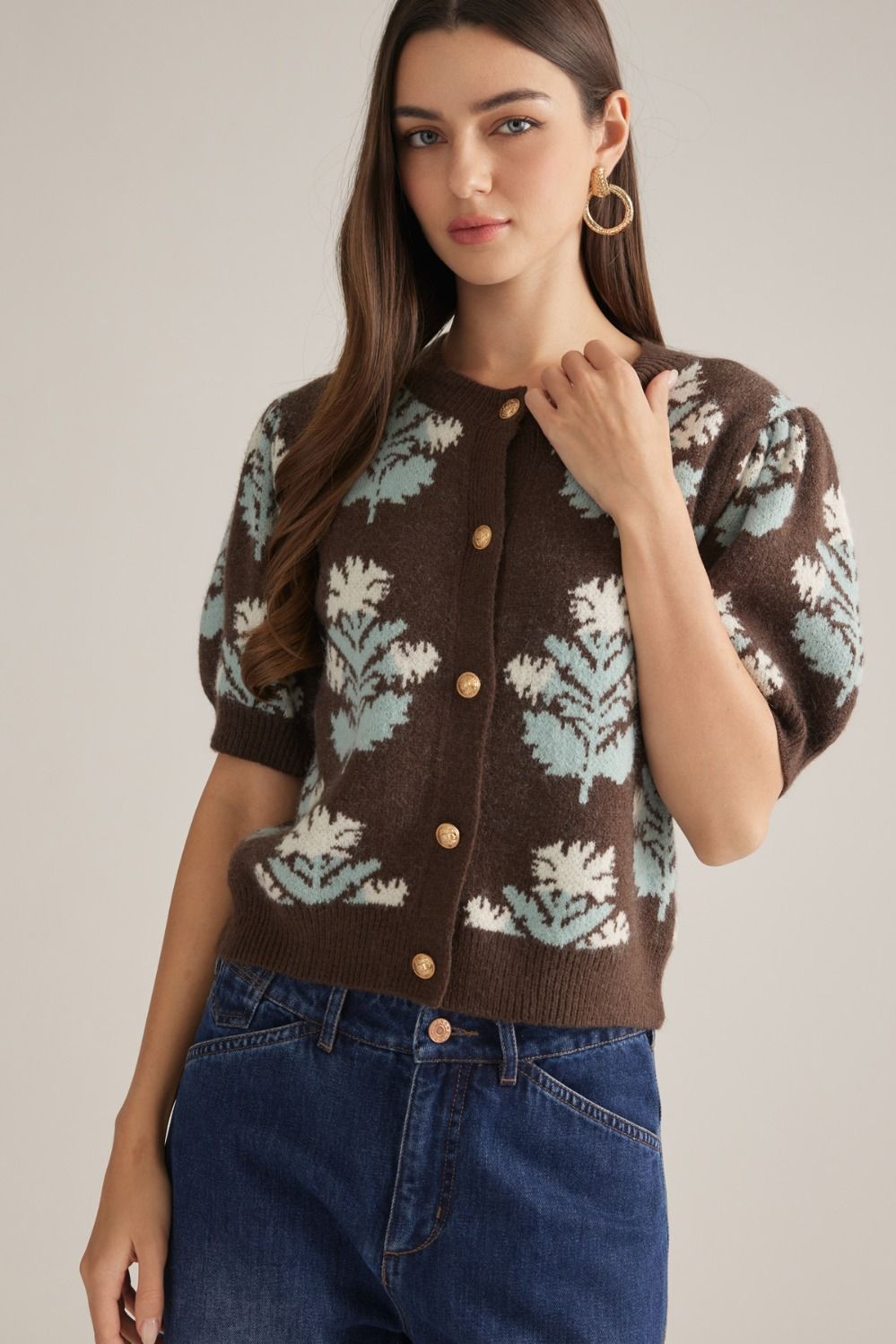 ENTRO Floral Short Sleeve Sweater Cardigan In Brown