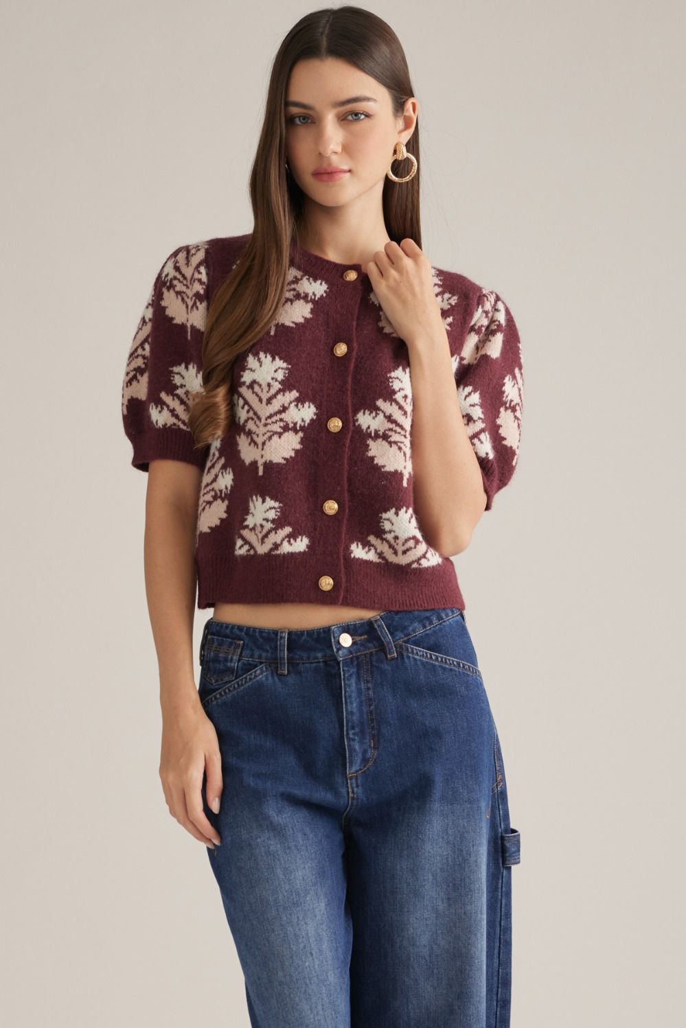 ENTRO Floral Short Sleeve Sweater Cardigan In Wine