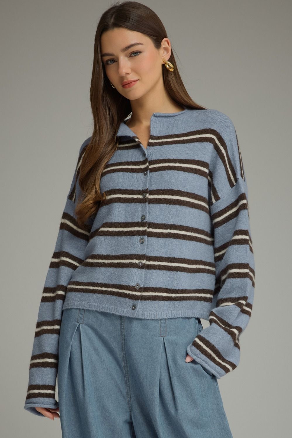 ENTRO Striped Long Sleeve Cardigan In Blue