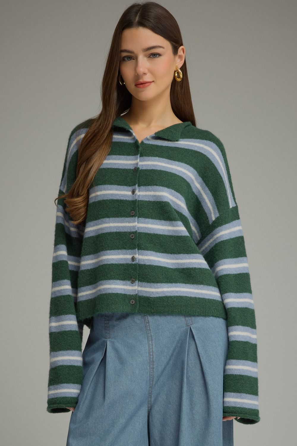 ENTRO Striped Long Sleeve Cardigan In Hunter Green