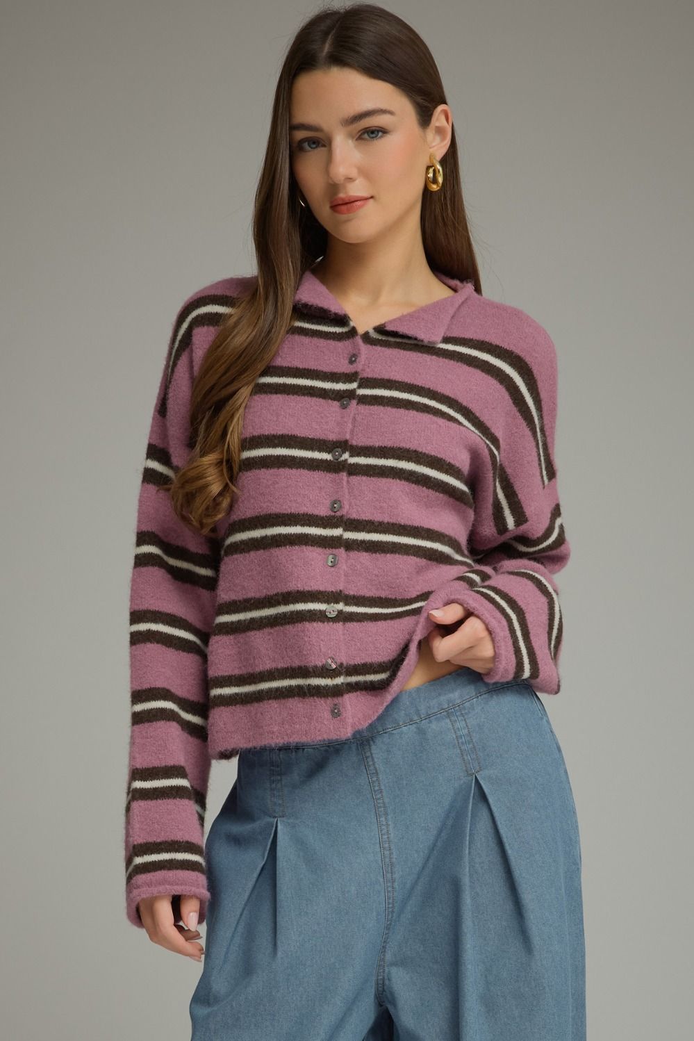 ENTRO Striped Long Sleeve Cardigan In Orchid