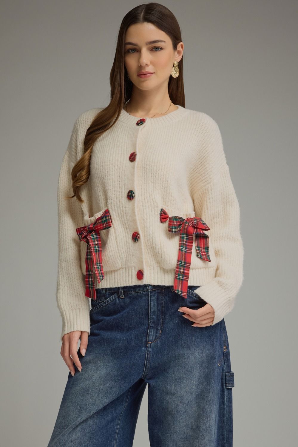 ENTRO Plaid Bow Cardigan In Cream