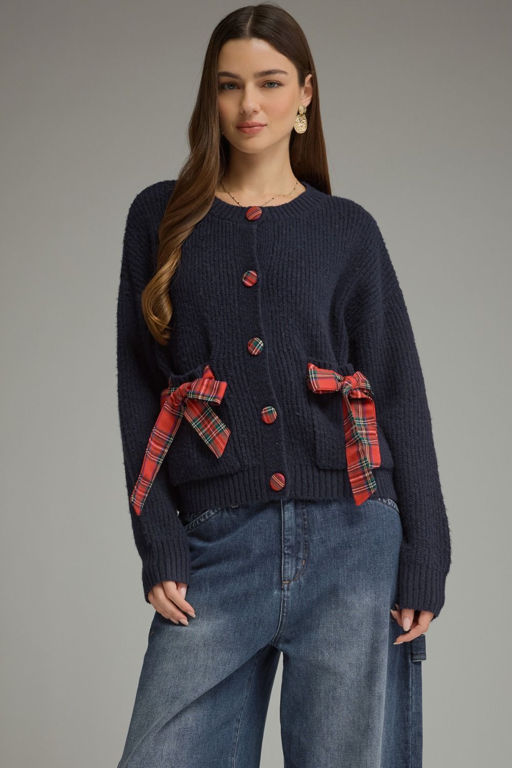 ENTRO Plaid Bow Cardigan In Navy