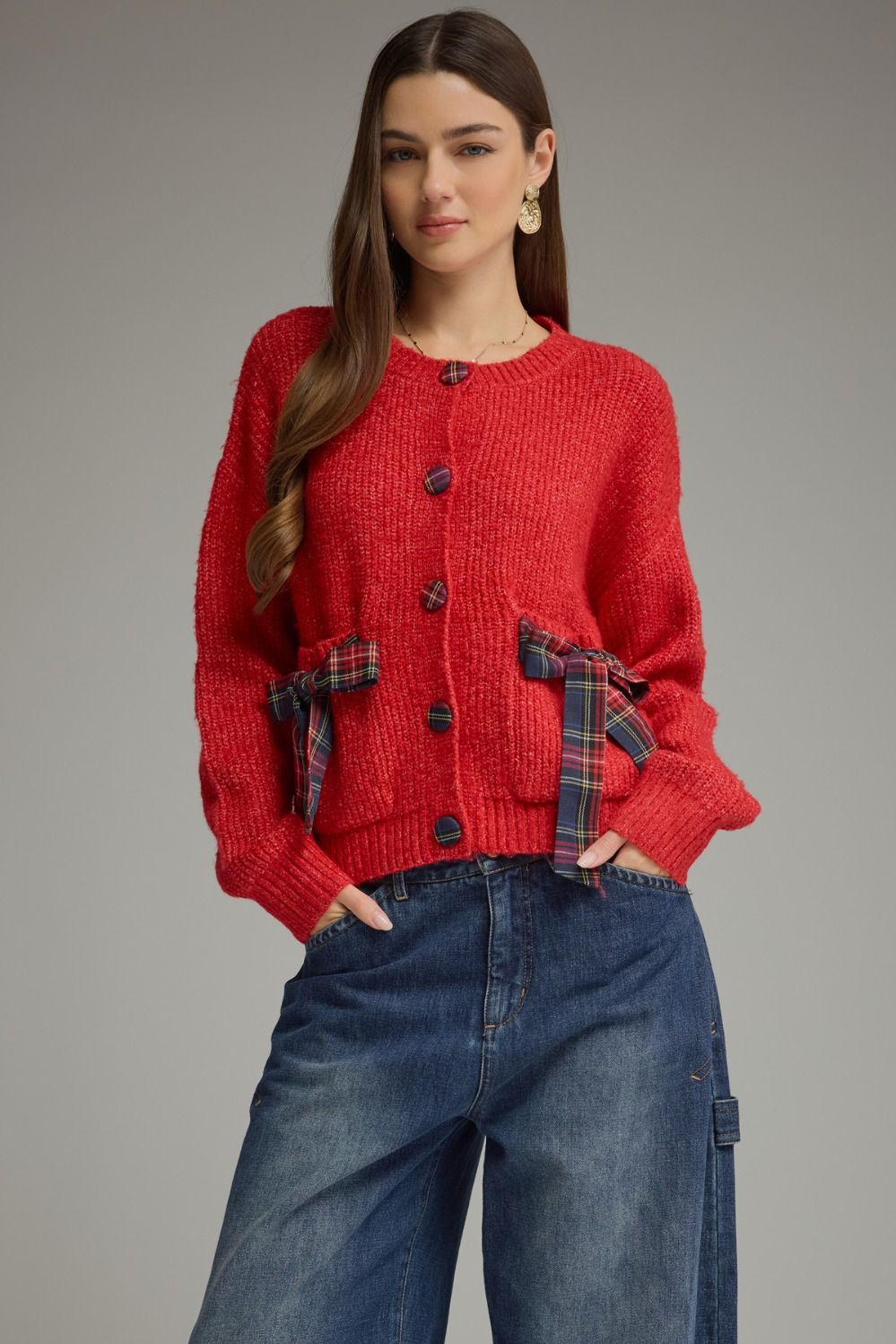 ENTRO Plaid Bow Cardigan In Red