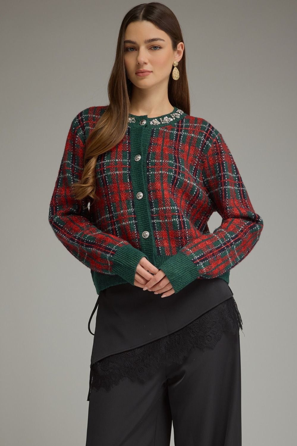 ENTRO Plaid Long Sleeve Knit Jacket In Green *COMING SOON*