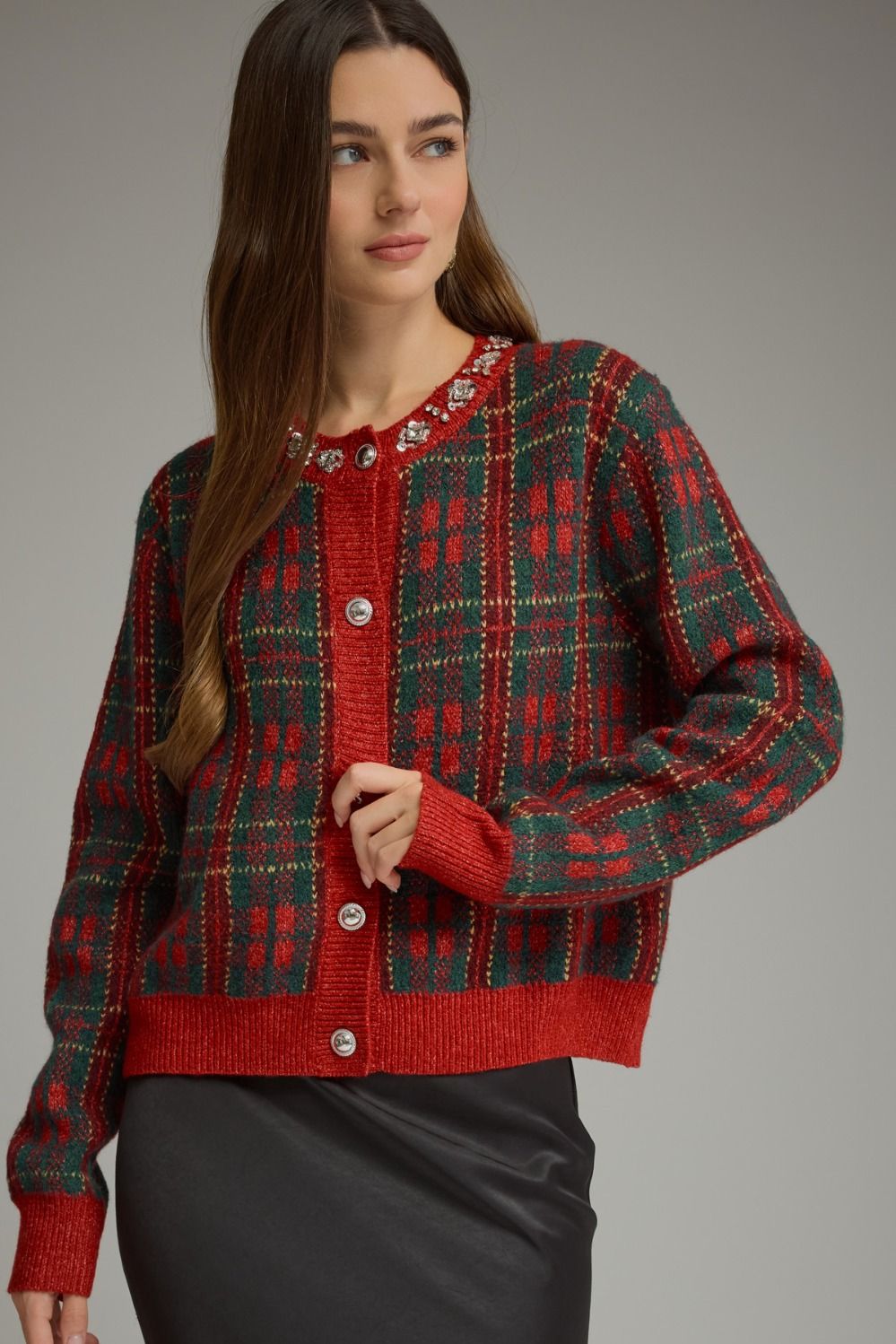 ENTRO Plaid Long Sleeve Knit Jacket In Red *COMING SOON*