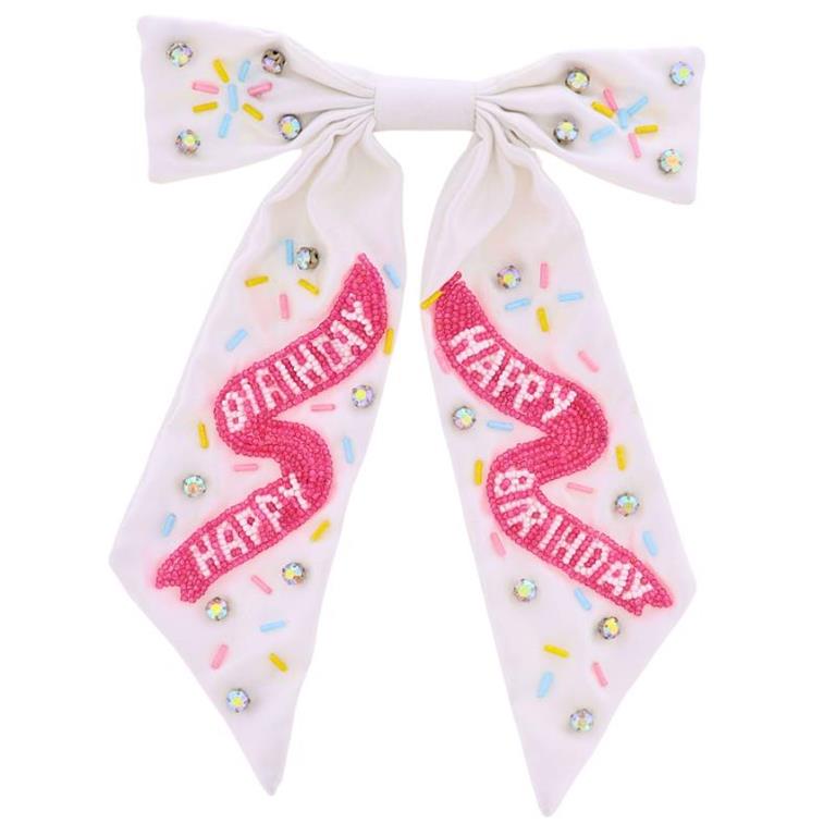 Jane Marie  White Satin Beaded Hair Bow with "Happy Birthday" Sprinkles