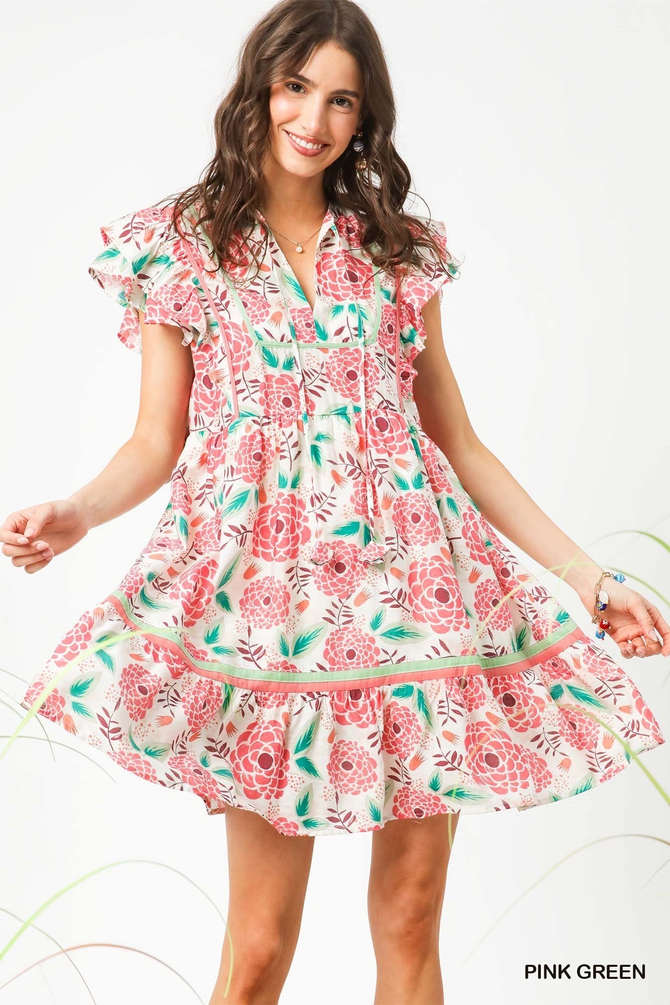 Umgee Floral Sleeve Tiered Mini Dress
