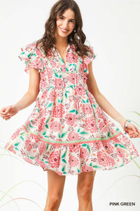 Umgee Floral Sleeve Tiered Mini Dress