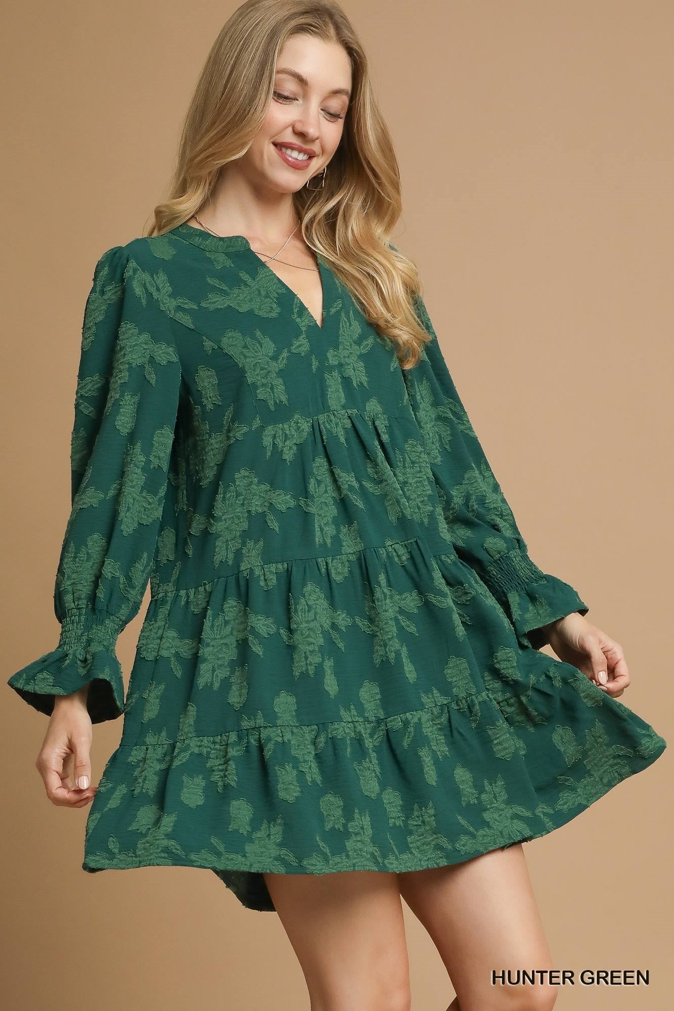 UMGEE Jacquard Tiered Babydoll Dress In Hunter Green