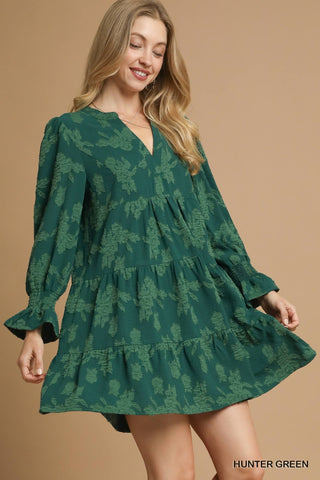 UMGEE Jacquard Tiered Babydoll Dress In Hunter Green