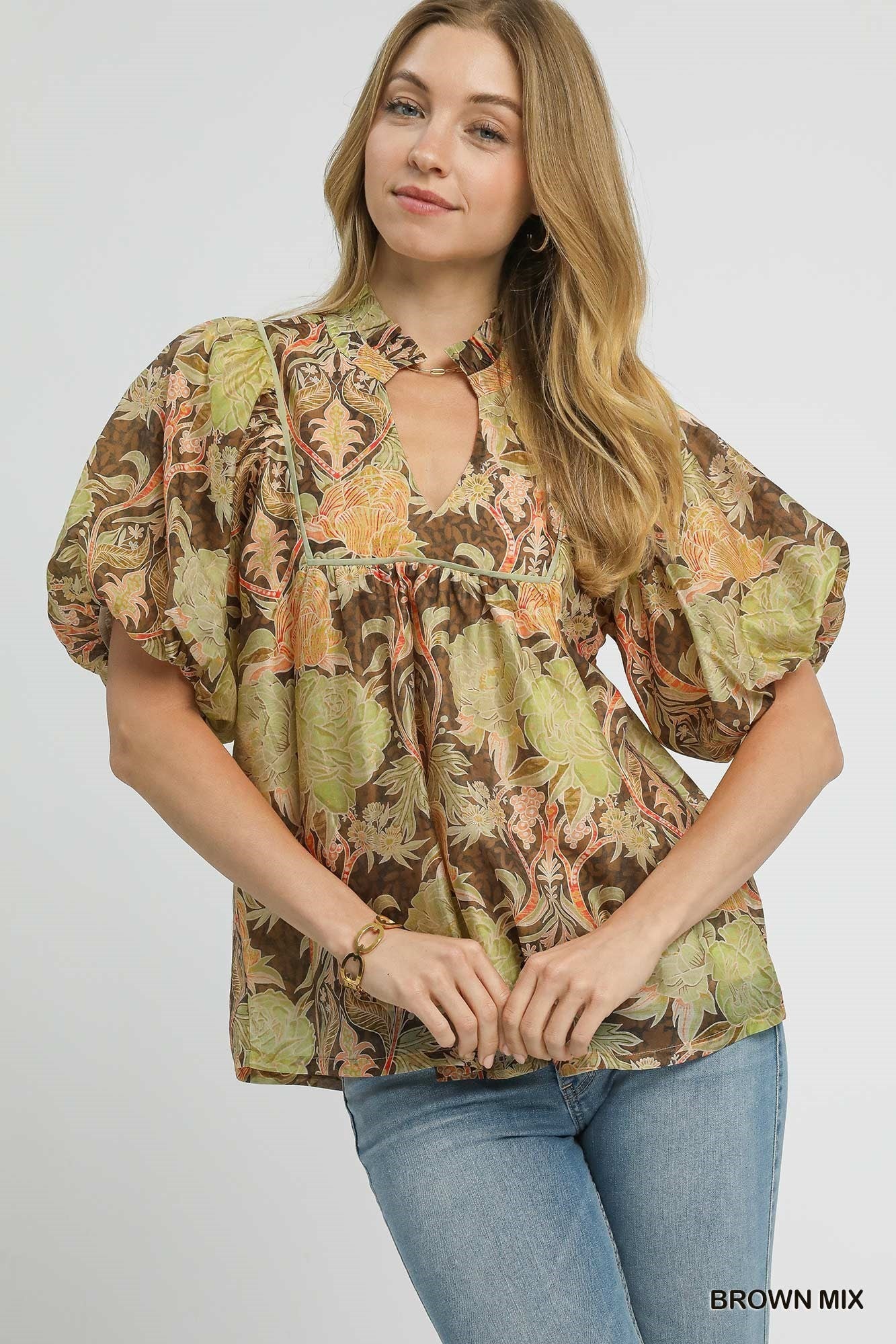 Umgee Floral Peasant Blouse In Brown Mix