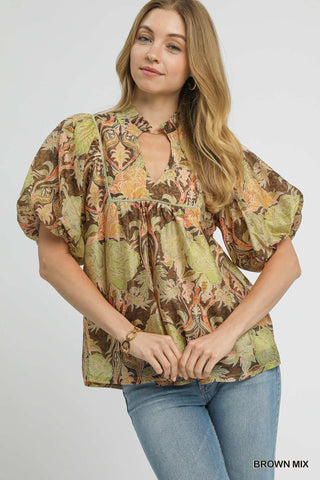Umgee Floral Peasant Blouse In Brown Mix