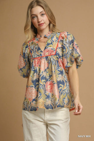 Umgee Floral Peasant Blouse In Navy Mix
