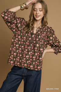 UMGEE Vintage Floral Pintuck Top In Brown & Pink