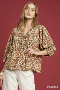 Umgee Vintage Floral Pintuck Top In Cream & Red *COMING SOON*