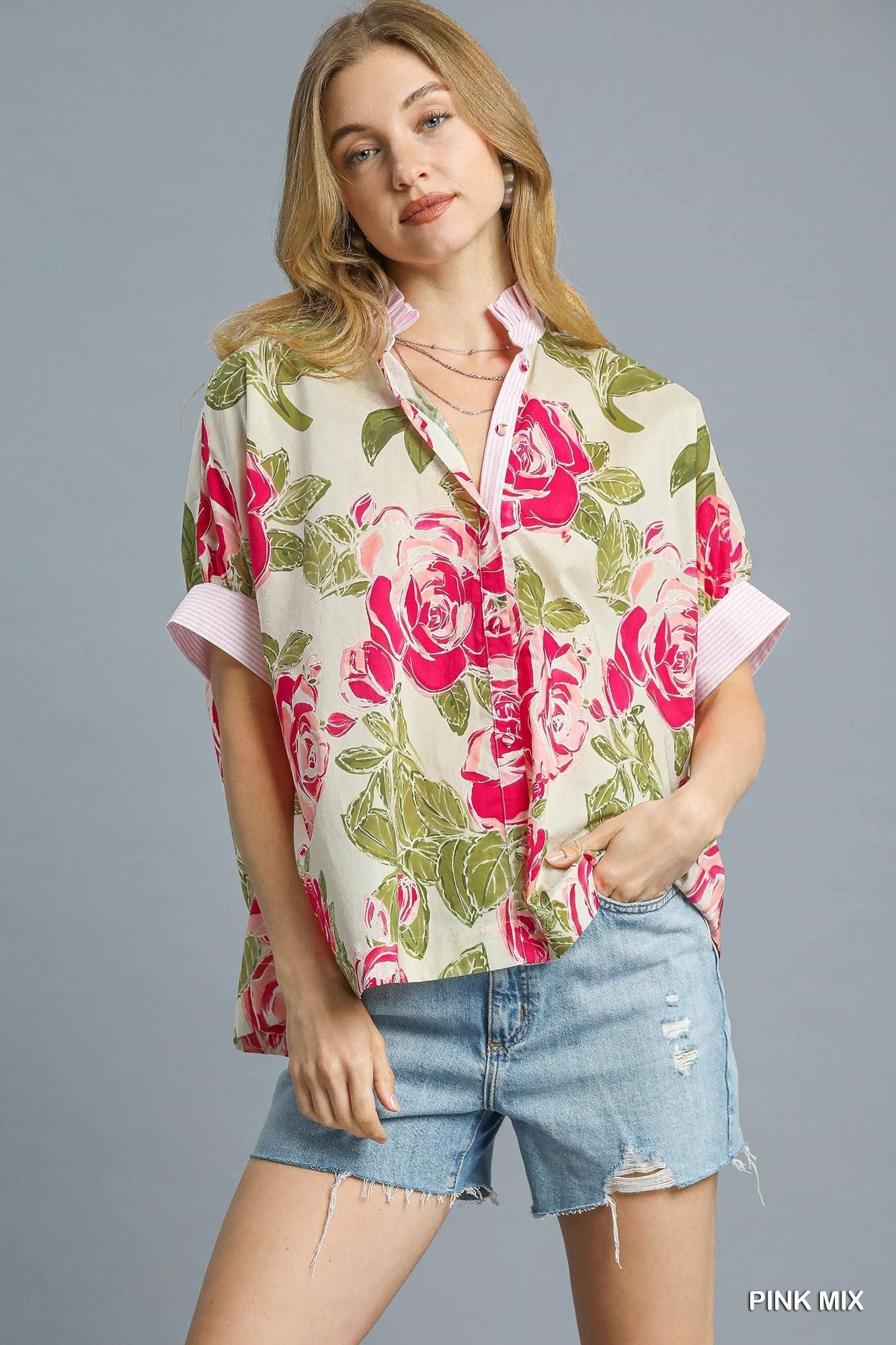 Umgee Floral Button Up Shirt In Pink
