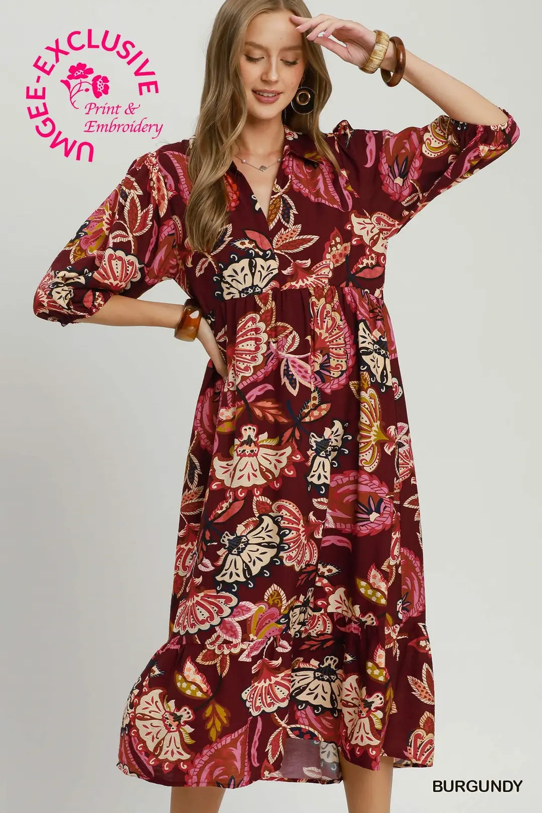 UMGEE Boho Paisley Tiered Midi Dress In Burgundy *COMING SOON*