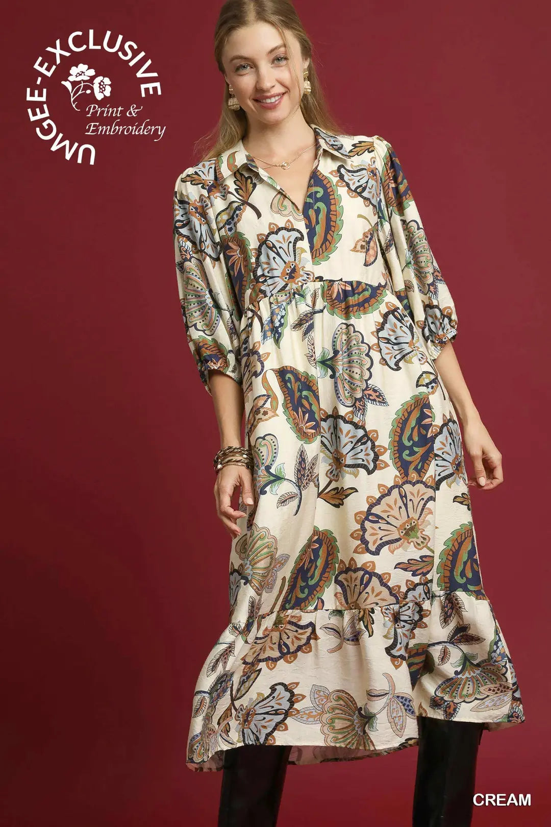 UMGEE Boho Paisley Tiered Midi Dress In Cream *COMING SOON*