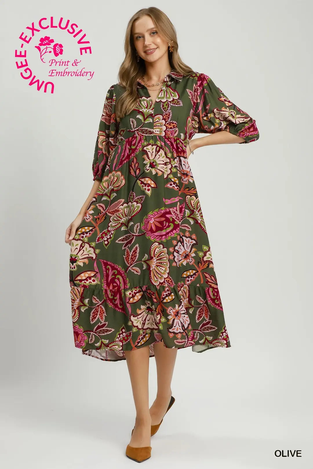 UMGEE Boho Paisley Tiered Midi Dress In Olive *COMING SOON*