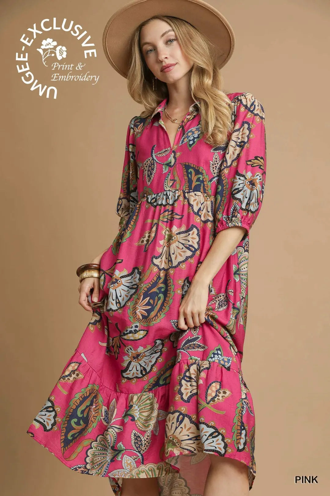 UMGEE Boho Paisley Tiered Midi Dress In Pink *COMING SOON*