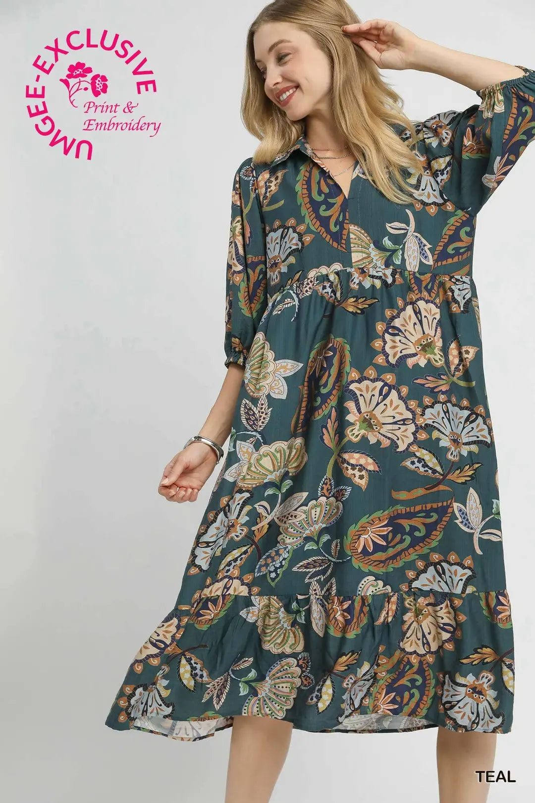 UMGEE Boho Paisley Tiered Midi Dress In Teal
