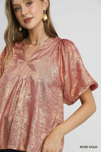 Umgee Metallic Puff Sleeve Top In Rose Gold