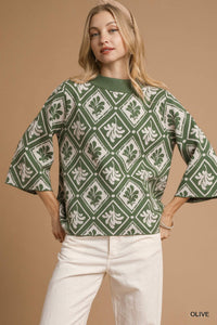 Umgee Abstract Print Mock Neck Sweater In Olive *COMING SOON*
