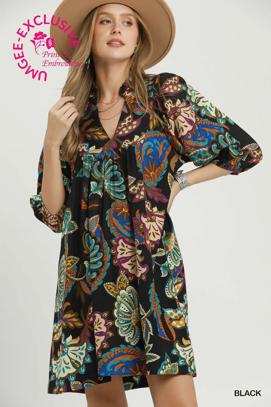 UMGEE Abstract Print Puff Sleeve Babydoll Dress In Black *COMING SOON*