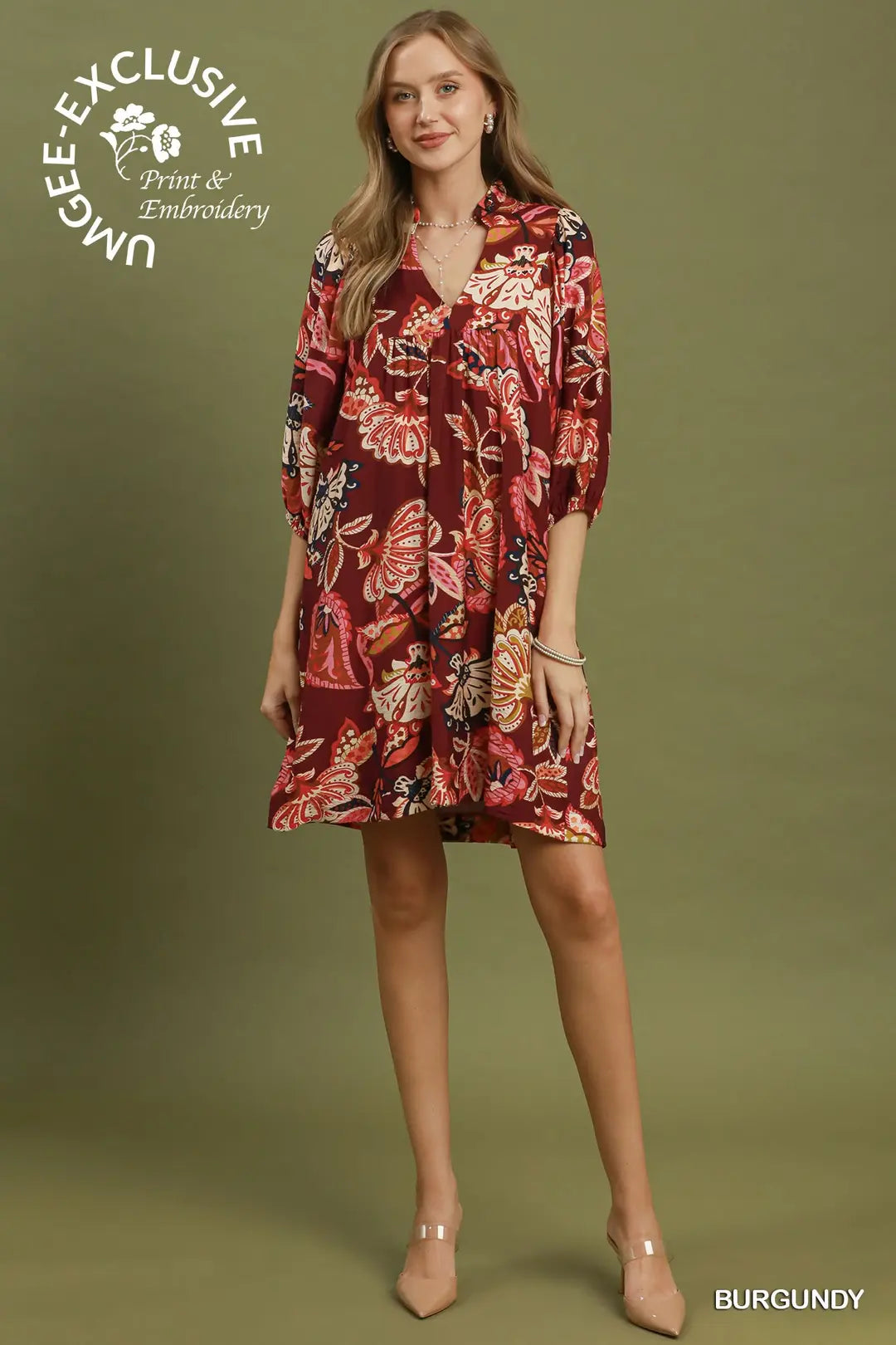 UMGEE Abstract Print Puff Sleeve Babydoll Dress In Burgundy *COMING SOON*