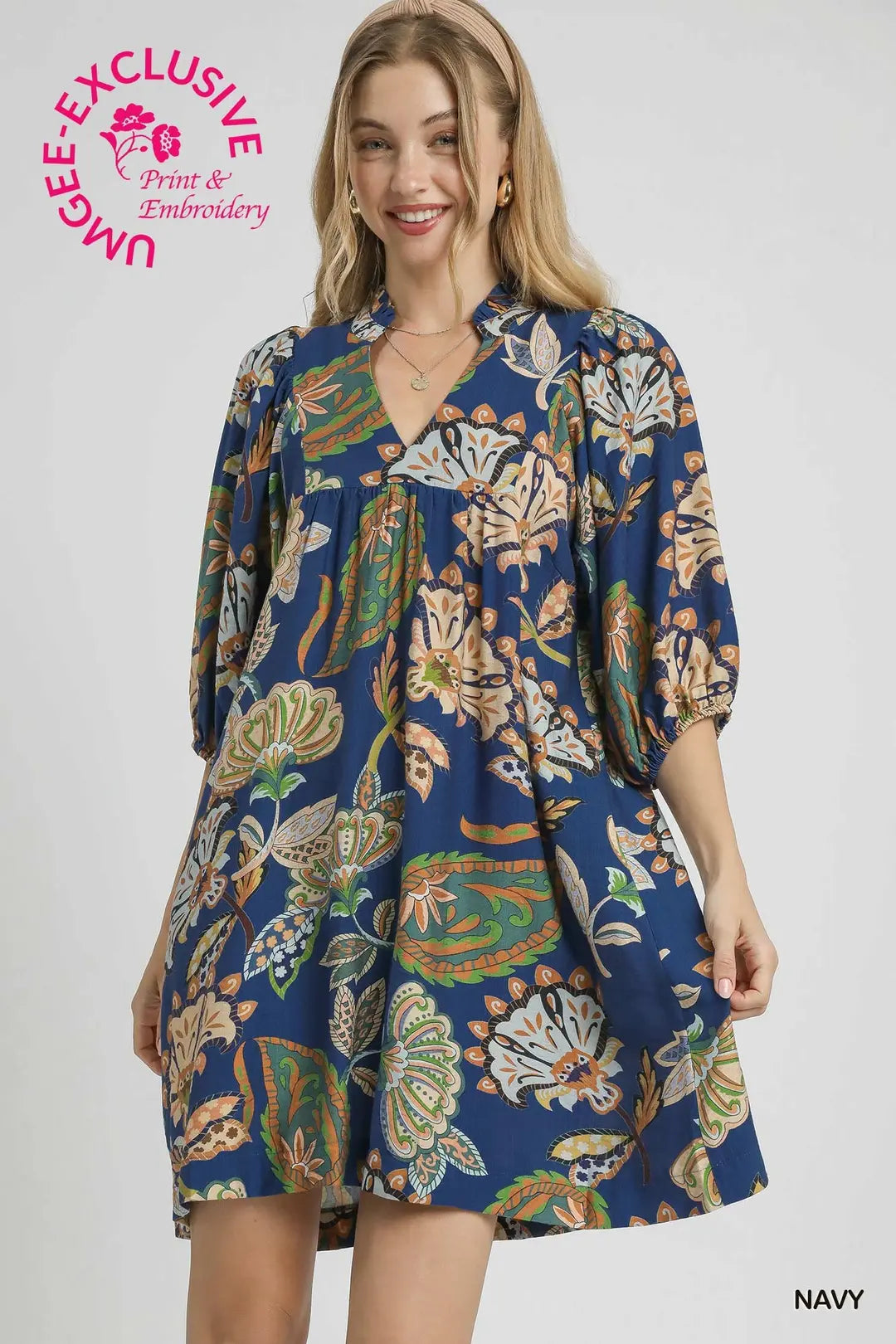 UMGEE Abstract Print Puff Sleeve Babydoll Dress In Navy *COMING SOON*