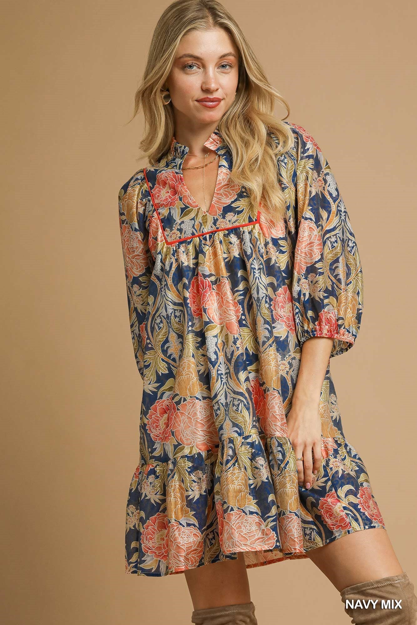 UMGEE Abstract Print Puff Sleeve Mini Dress In Navy Mix