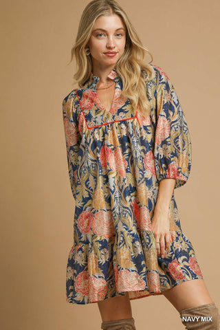 UMGEE Abstract Print Puff Sleeve Mini Dress In Navy Mix