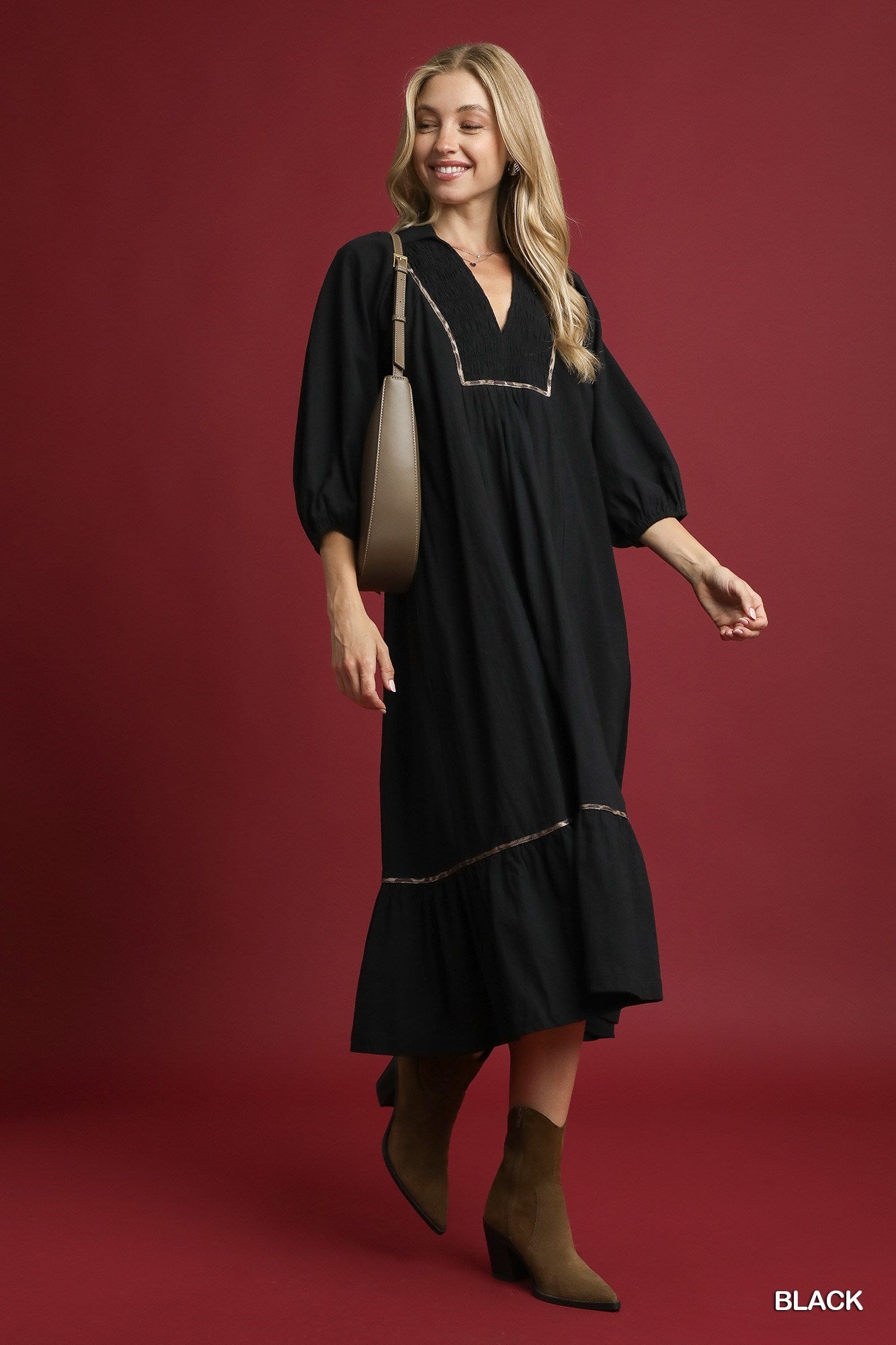 Umgee Leopard Trim V Neck Midi Dress In Black PLUS Sizes