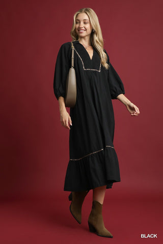 Umgee Leopard Trim V Neck Midi Dress In Black PLUS Sizes
