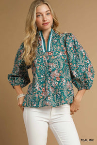 UMGEE Vintage Floral Pintuck Top In Teal Mix